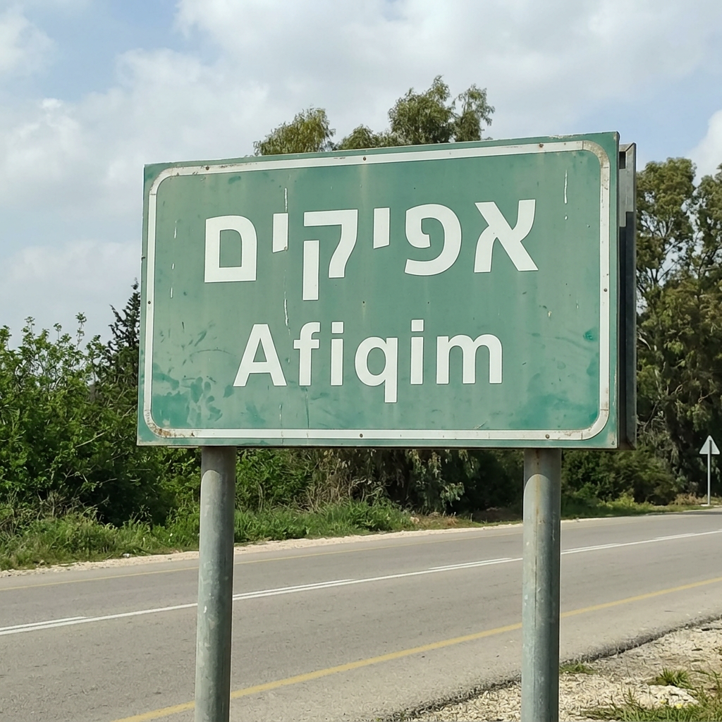 Green road sign with the name Afiqim in Hebrew letters above the English transliteration
